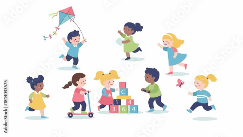 Diverse group of happy children playing together outdoors with toys.