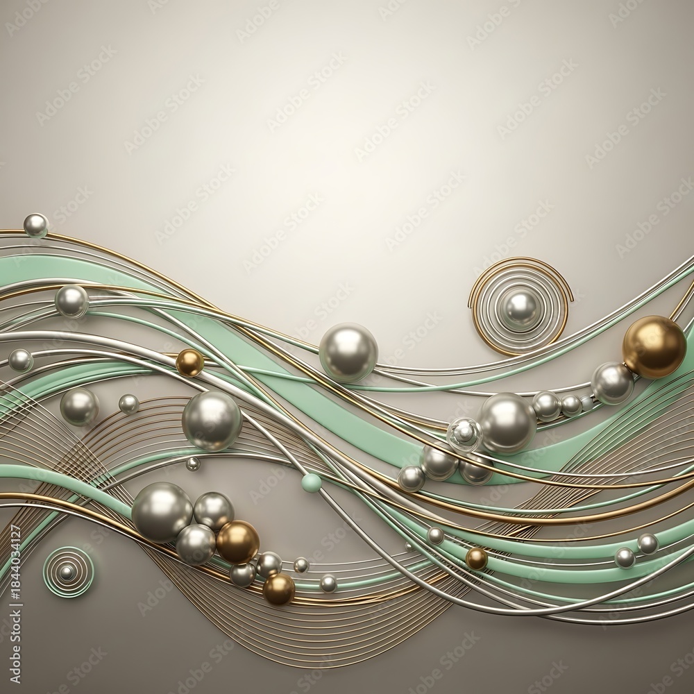 Obraz premium Serene wave pattern with metallic spheres and ribbons on soft beige hue