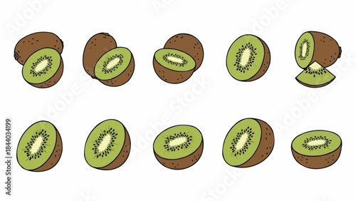Collection of Fresh Ripe Kiwi Fruit Slices and Whole Fruits.