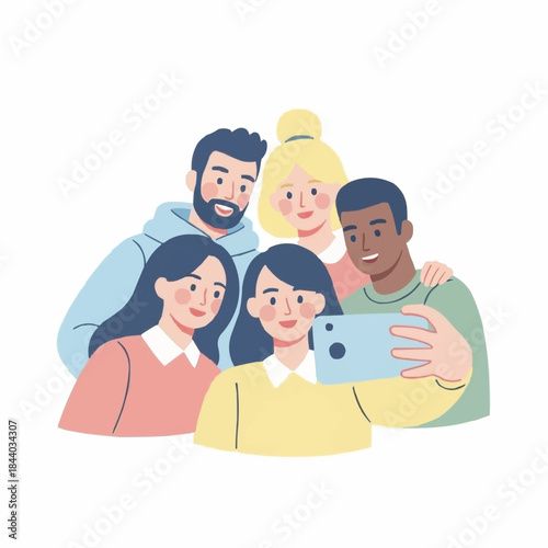 Diverse group of friends taking a selfie together happily.