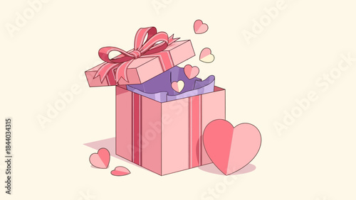 Pink Gift Box with Hearts and Ribbon.