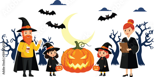 Halloween Kids Trick-or-Treating with Adult Witch and Warlock Characters, Evil Pumpkin, Bats, and Spooky Trees Vector