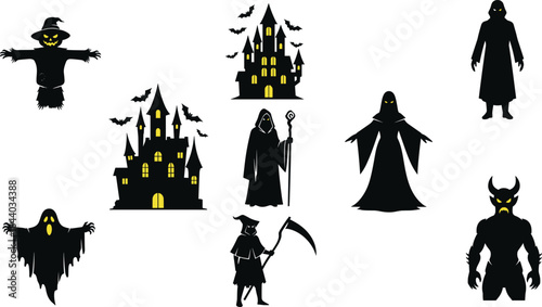 Halloween Silhouette Icons Set Scary Castle, Ghost, Scarecrow, Wizard, Grim Reaper, and Demon Vector Collection