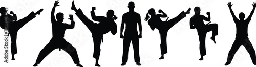 Martial arts silhouettes demonstrating dynamic kicking and fighting poses, showcasing strength, discipline, movement, and training technique in a powerful black graphic illustration