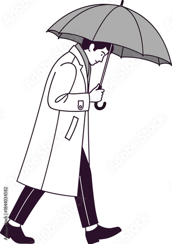 Minimal line illustration of thoughtful man walking with umbrella in rain, solitude mood, modern lifestyle concept on white background