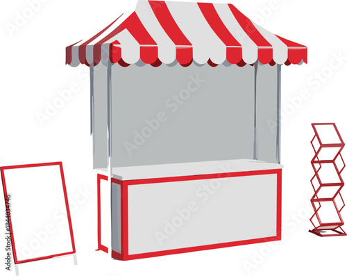 Outdoor market stall with red and white canopy, empty counter, display stand, and blank signboard ready for promotional branding and events.