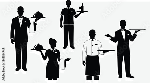 Restaurant waiter and waitress silhouettes collection serving food and drinks on trays vector illustration.