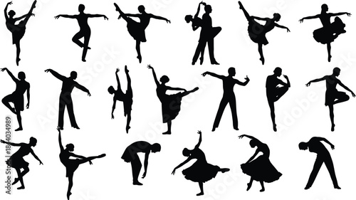 Set of Ballet Dancer Silhouettes Vector Illustration Featuring Men and Women in Various Artistic Poses and Jump Actions
