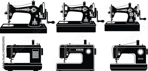 Set of Antique and Modern Sewing Machine Silhouettes Vector Illustration Featuring Tailor Equipment in Black and White Style