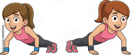 Two Cartoon Girls Performing Push-Up Exercise in Plank Position with Pink Outfits and Ponytails for Fitness, Workout, and Character Comparison Concept