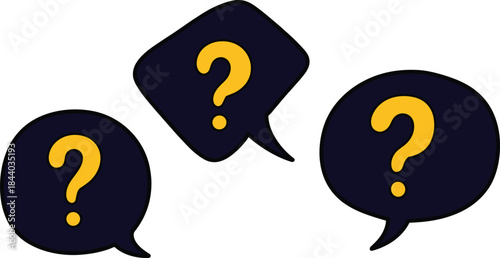 Three Question Mark Speech Bubbles on White Background Representing Curiosity, Inquiry, Uncertainty, and Information Seeking in Communication and Dialogue