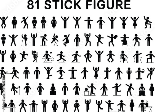 81 stick figure icons set showing people activities poses professions sports and daily actions in simple black silhouette pictogram illustration style