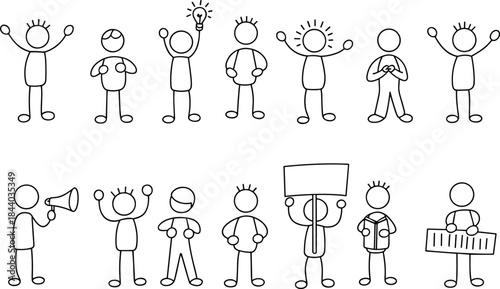 Stick figure people icons set showing different emotions actions communication teamwork and presentation concepts in simple line illustration style