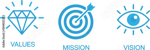 Blue icons representing organizational values, mission, and vision for strategic planning, leadership development, and business identity illustration.