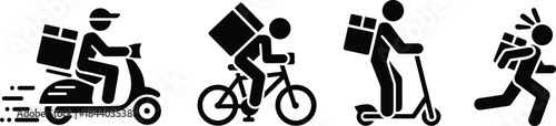 Delivery Courier Silhouette Pictograms Showing Scooter, Bicycle, Electric Scooter And Running Messenger With Package For Logistics, Shipping And Urban Delivery Design