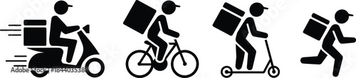 Silhouette icons of delivery workers using motor scooter, bicycle, kick scooter, and running, representing diverse urban transportation methods.