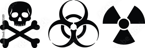 Danger Hazard Warning Symbols Set Including Skull And Crossbones, Biohazard And Radiation Icons For Safety, Toxic Risk And Emergency Awareness Design
