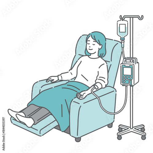 リクライニングチェアで点滴中に眠る女性（外来化学療法・休息）