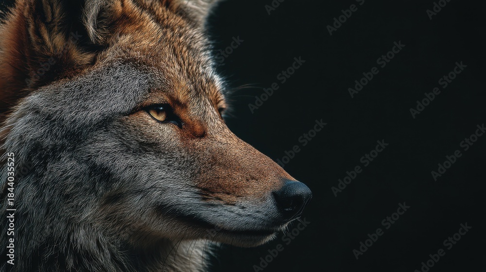 Fototapeta premium Close-up Portrait of a Coyote in Profile Against a Dark Background Showcasing Its Features and Intriguing Expression