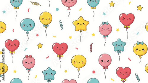 Balloons in Celebration: A whimsical assortment of colorful balloons, each with its unique joyful expression, floats amidst scattered confetti and streamers.