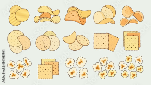 Collection of Various Crispy Snacks and Crackers.