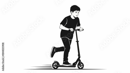 Young boy riding a kick scooter with speed lines indicating motion.