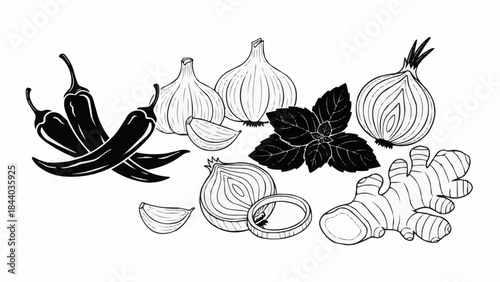 A collection of fresh ingredients including chili peppers garlic onions ginger and basil leaves.