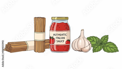 Authentic Italian Pasta Sauce Ingredients With Spaghetti Garlic and Basil.