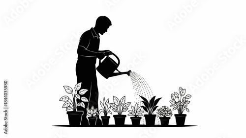 Silhouette of a person watering plants in pots.