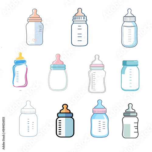 Vibrant Collection of Diverse Baby Feeding Bottles for Infant Nutrition Vector Illustration Set