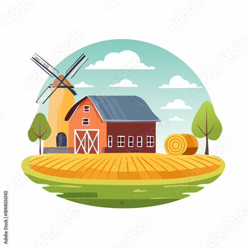 Vibrant Farm Scene with Barn, Silo, and Windmill Under Blue Sky