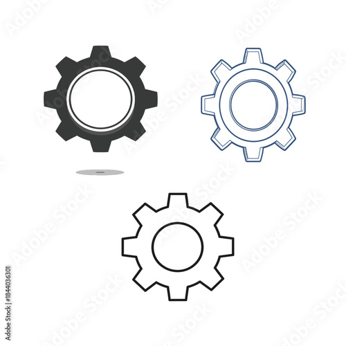 Set of Three Gear Icons Solid Black, Outline Blue, and Line Art