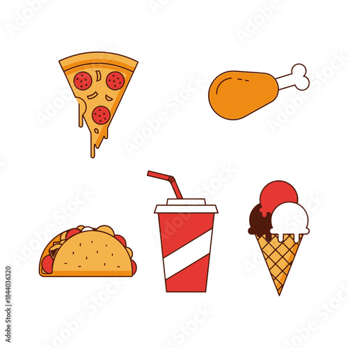 Set of delicious fast food icons pizza, taco, chicken leg, soda, ice cream