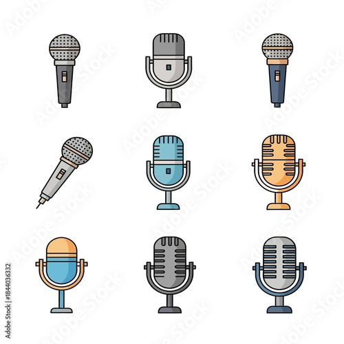 Collection of Various Microphone Icons for Audio Recording and Broadcasting