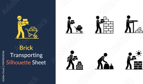 Construction worker silhouettes depicting various stages of brick handling and building