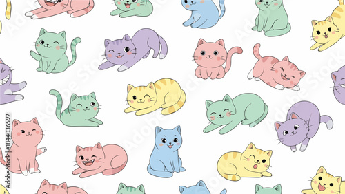 Whimsical Kitty Parade: A delightful pattern of charming, colorful cartoon cats frolics playfully across a canvas, offering a cheerful and vibrant scene.