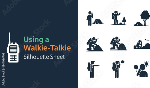 Guide to using a walkie-talkie shown through communication silhouettes for outdoor activities