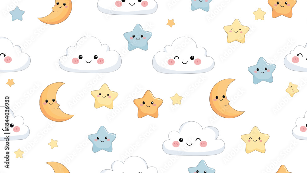Obraz premium Cute Cloud, Moon and Stars Pattern: A charming and whimsical seamless pattern features smiling clouds, cheerful stars and a smiling crescent moon, perfect for children's designs.