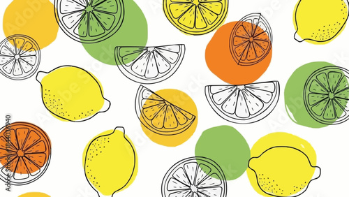 Vibrant Citrus Fruits Pattern with Hand Drawn Elements.