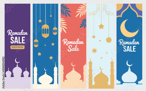 Ramadan sale greeting cards set, Islamic holiday story and banner templates.