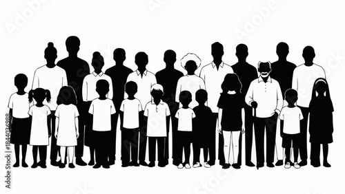 Diverse group of people of all ages standing together in silhouette.