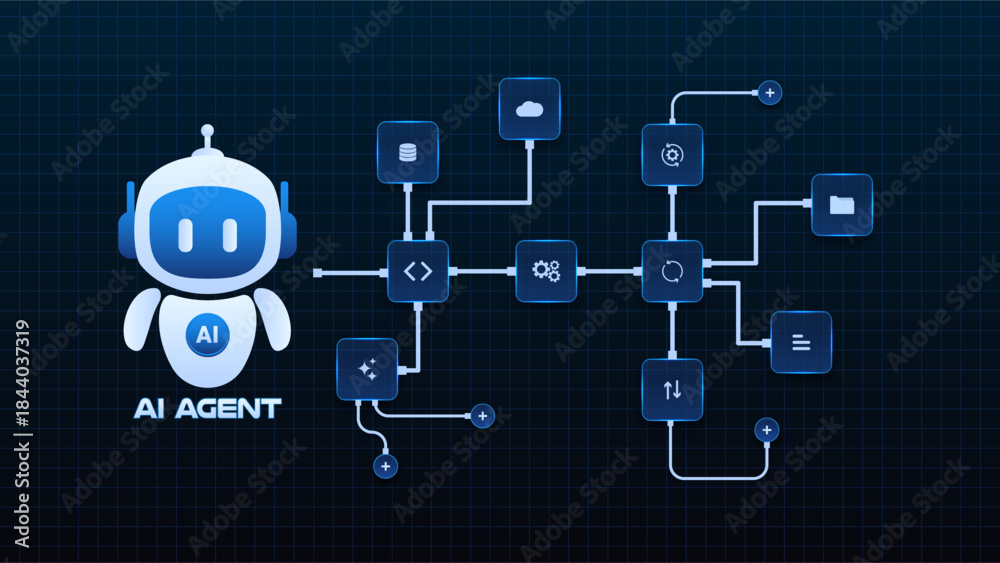 Fototapeta premium AI workflow automation artificial intelligence. ai agent with flow processing steps, cloud and database integration, branching logic, and automation system.