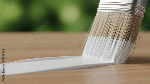 Paintbrush applying white paint to wooden surface