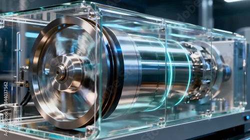 Closeup medium shot of a rotating flywheel inside a transparent casing highlighting the mechanical energy storage process amid hightech equipment.