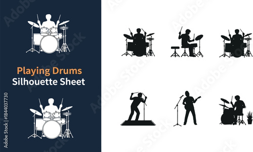 Collection of musician silhouettes featuring drummers, guitarists, and vocalists performing