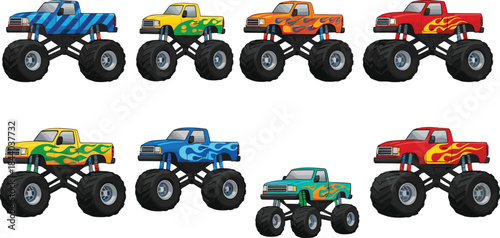 Big Wheel Off-Road Vehicles with Flame Decals for Racing, Rally, and Automobile Vector Illustration.