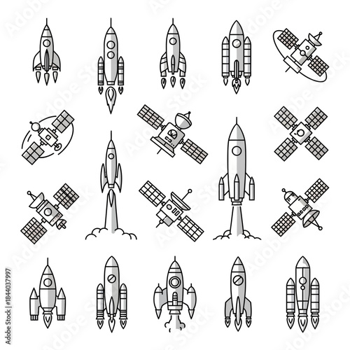 Dynamic rocket and satellite icons launch your projects into the future with stellar design elements for aerospace and science themes