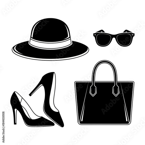 Chic fashion accessories collection featuring stylish hat, elegant high heels, modern sunglasses, and a spacious handbag for a sophisticated look
