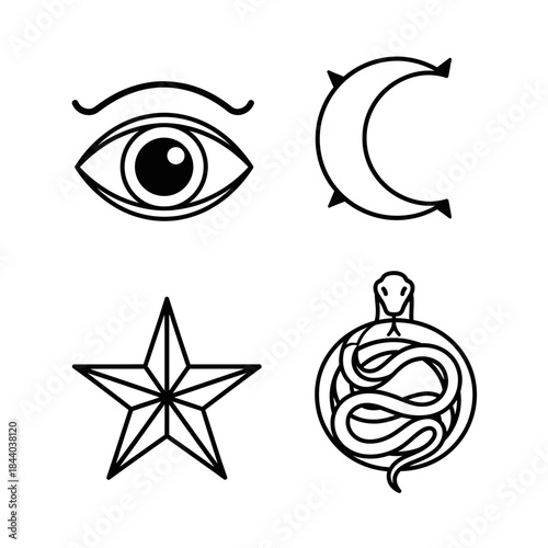 Mystical symbols collection including eye, crescent moon, star, and coiled snake for spiritual or occult designs