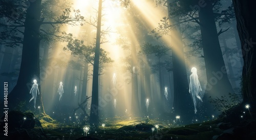 Enchanted Forest Beings Dance in Ethereal Sunbeams